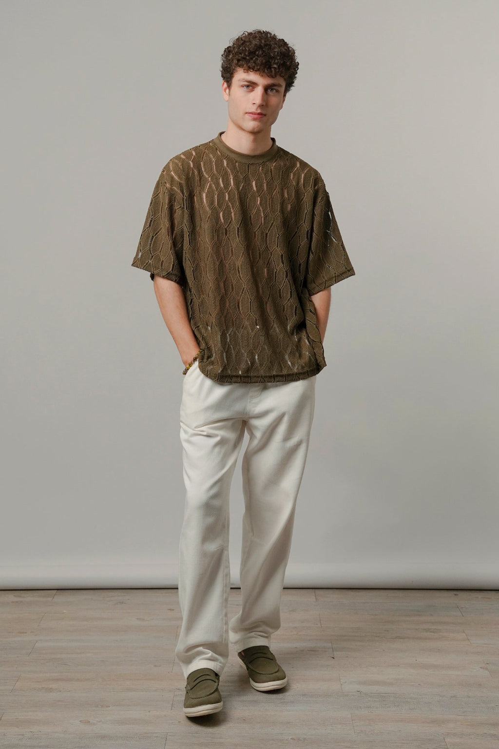 Knitted Oversized T-Shirt - Olive Green