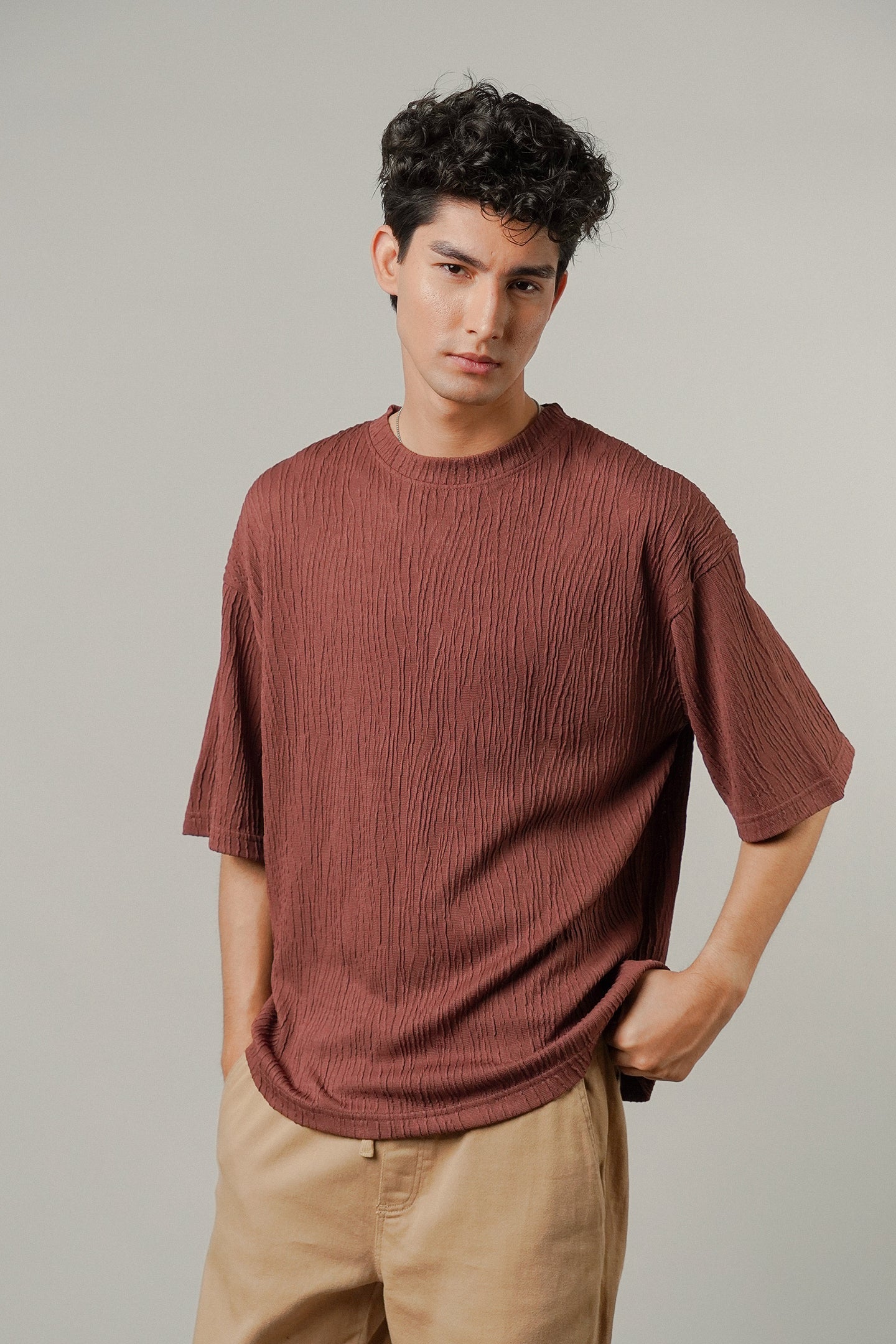 Oversized Textured Tee - Wine